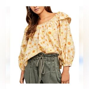 Free People Yellow Floral Puff Sleeve Ruffled Blouse Top